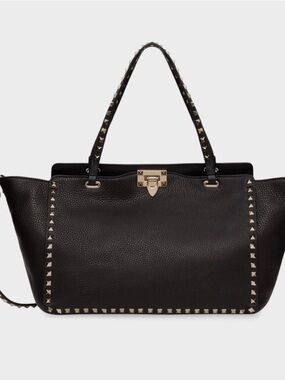 Valentino Garavani Black Rockstud Pebbled Leather Tote